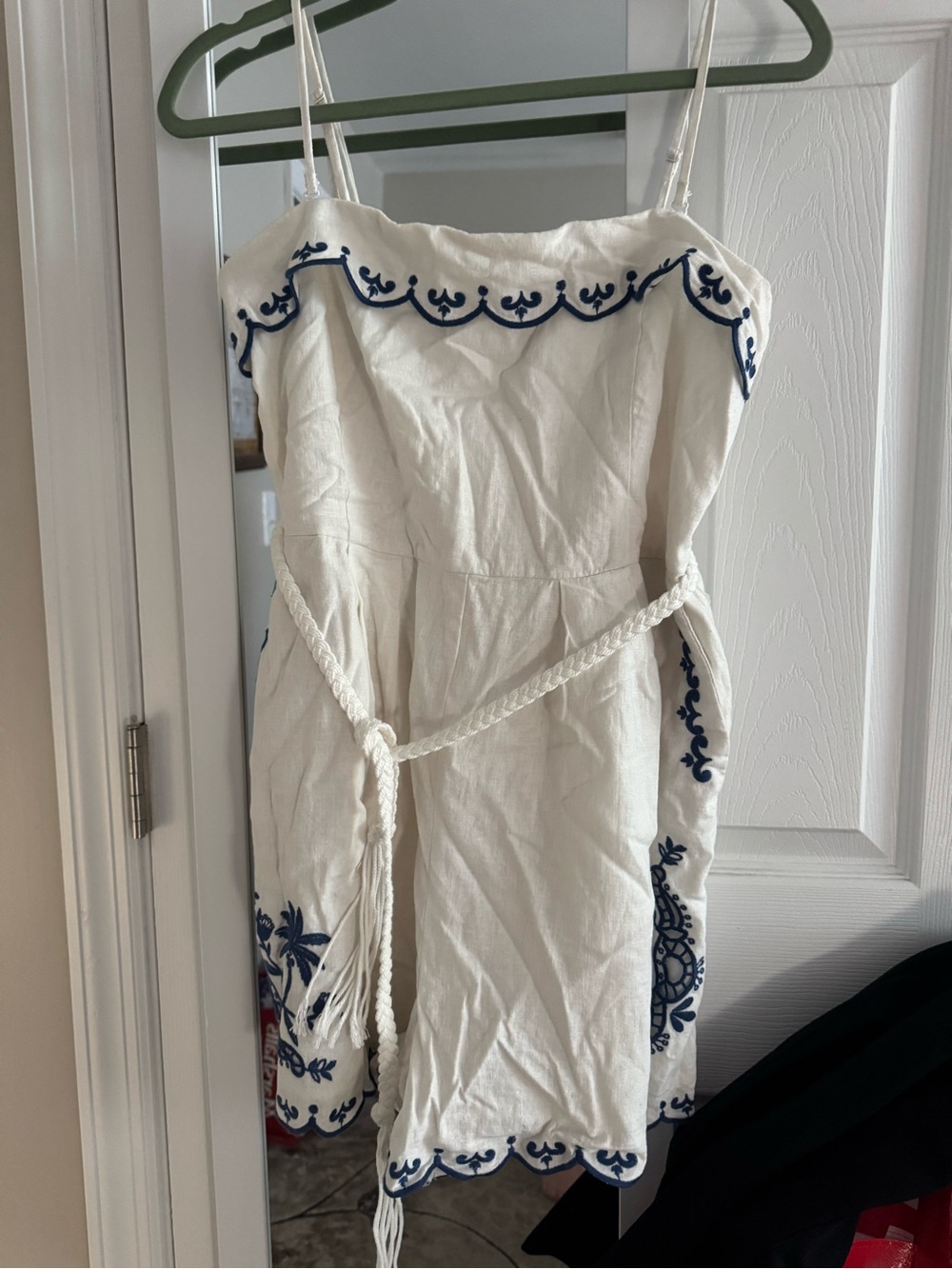 White Spaghetti-Strap Embroidered Romper with Rope Belt